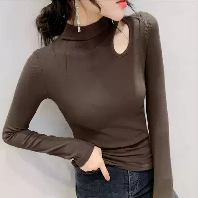 Semi-high-neck bottoming shirt women's autumn and winter 2021 European new exposed clavicle thin inner long-sleeved T-shirt women's top tide