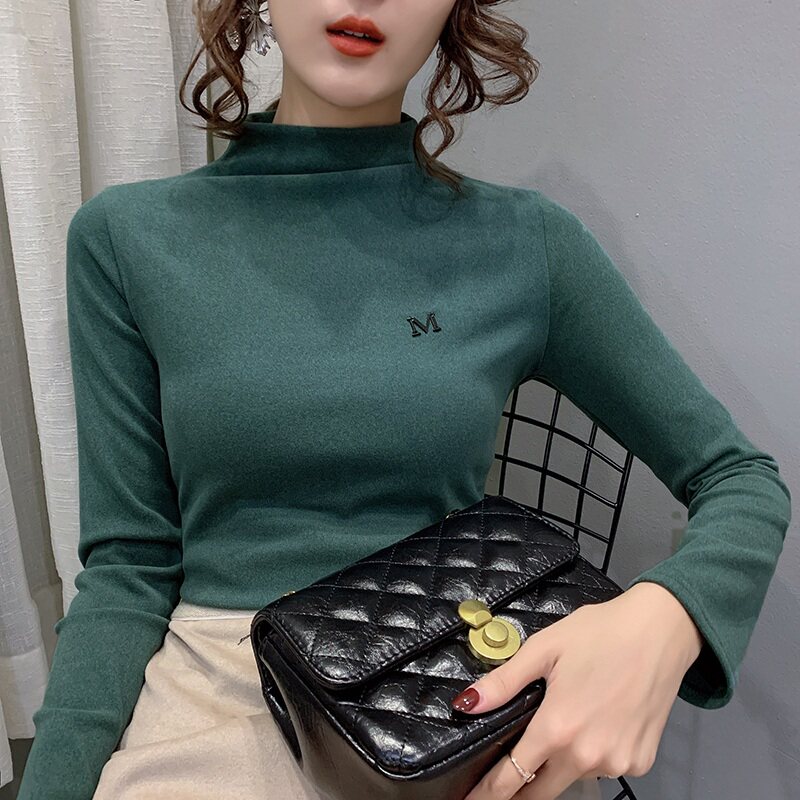 2020 autumn winter new foreign pie semi-high neckline with long sleeves T-shirt woman 100 lap gush double grinding undershirt