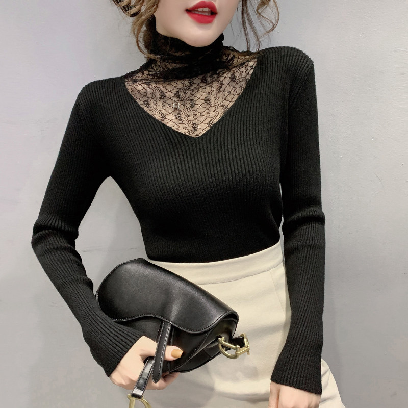 Europe Station 2021 Autumn Winter New European Stock Sexy Lace Splicing Knit Undershirt Lady Tights Tights