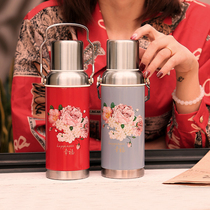 Portable thermal insulation cup female thermos nostalgic retro small open kettle Warm kettle red pair of wedding dowry