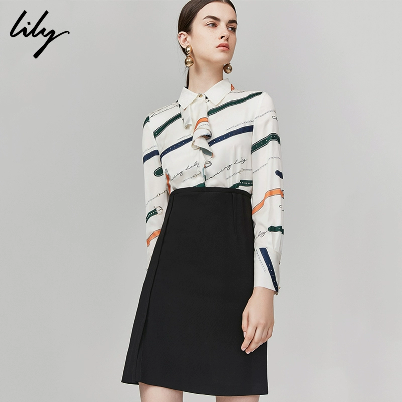 Lily phụ nữ khí chất giả hai mảnh xù eo thon gọn vừa vặn đi lại đầm dài tay - váy đầm