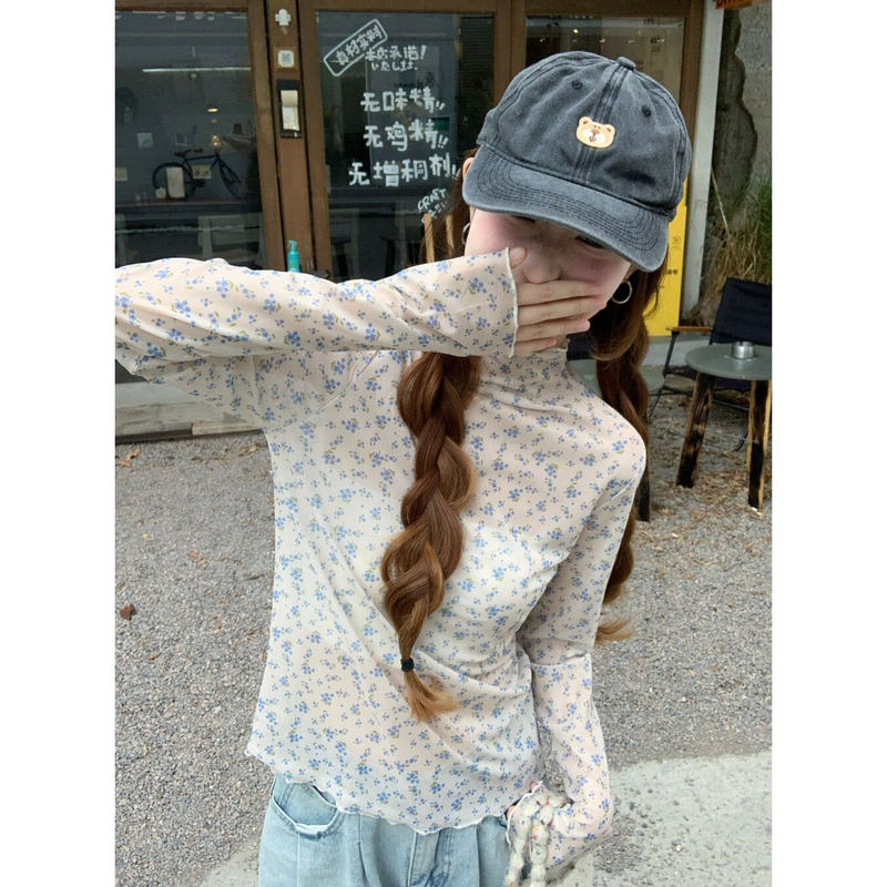 2026 Spring/Summer New Floral Sunscreen Blouse for Women with Ruffled Neck, Mesh Base Layer, Ruffled Edge, Thin Long-Sleeve Top