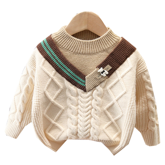 
Children's spliced round neck thickened sweater for boys and girls 2025 autumn and winter clothes baby sweater for children plus velvet styling