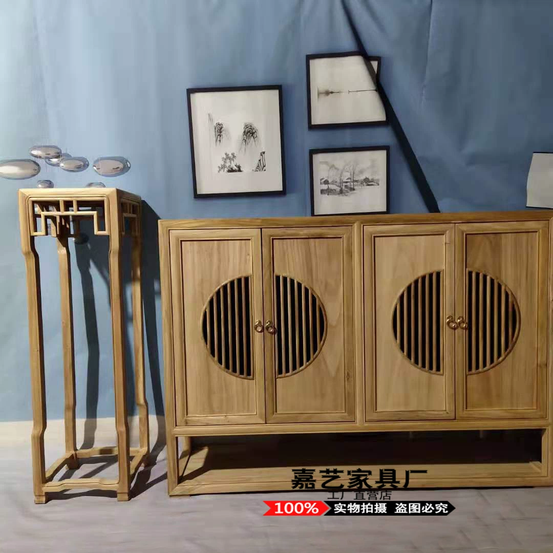 Phong cách Trung Quốc mới không sơn không sơn bằng gỗ cây du tủ để đồ bên tủ đựng đồ bốn cửa tủ giày tủ mặt trăng Zen tối giản nội thất câu lạc bộ phòng trà - Buồng