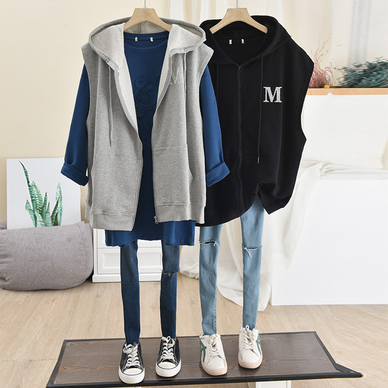 21 Spring and Autumn Thin Korean Edition Loose Size Simple Sleeveless Zipper Cardigan Jacket Ins Hooded Vest Sweatshirt Woman