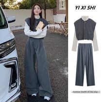 Spring casual fashion bombing street Royal Sister Hong Kong style high-end and stylish vest top wide-leg pants three-piece suit