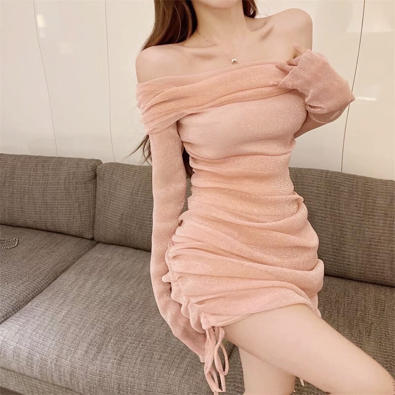 Sexy One-Shoulder Mesh Tube Top Dress for Women, Stylish and Trendy, with a Cinched Waist and Ruched Bodycon Short Skirt Sexy One-Shoulder Mesh Tube Top Dress for Women, Stylish and Trendy, with a Cinched Waist and Ruched Bodycon Short Skirt