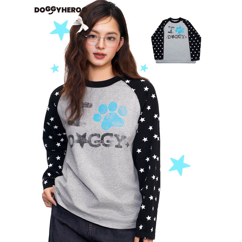 Doggyhero2026 Star Color-Blocked Round Neck Raglan Sleeves