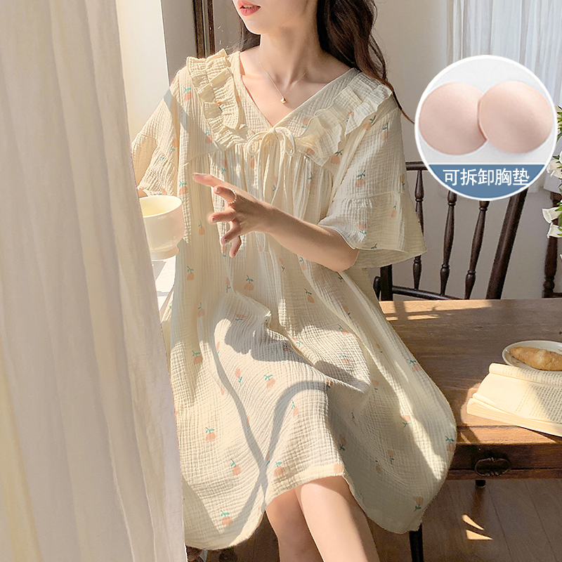 Nightgown for Women, Summer Style with Chest Pads, Pure Cotton Gauze Fabric, 100% Cotton Double-Layer Gauze, Maternity Summer Pajamas, Loungewear Nightgown for Women, Summer Style with Chest Pads, Pure Cotton Gauze Fabric, 100% Cotton Double-Layer Gauze, Maternity Summer Pajamas, Loungewear
