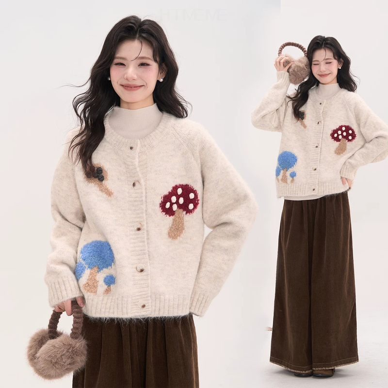 Wool Sweater for Women, Spring and Autumn Wear, Fun Mushroom Jacquard Cardigan, Sweater Jacket, Round Neck Knit Top, Outerwear for Women