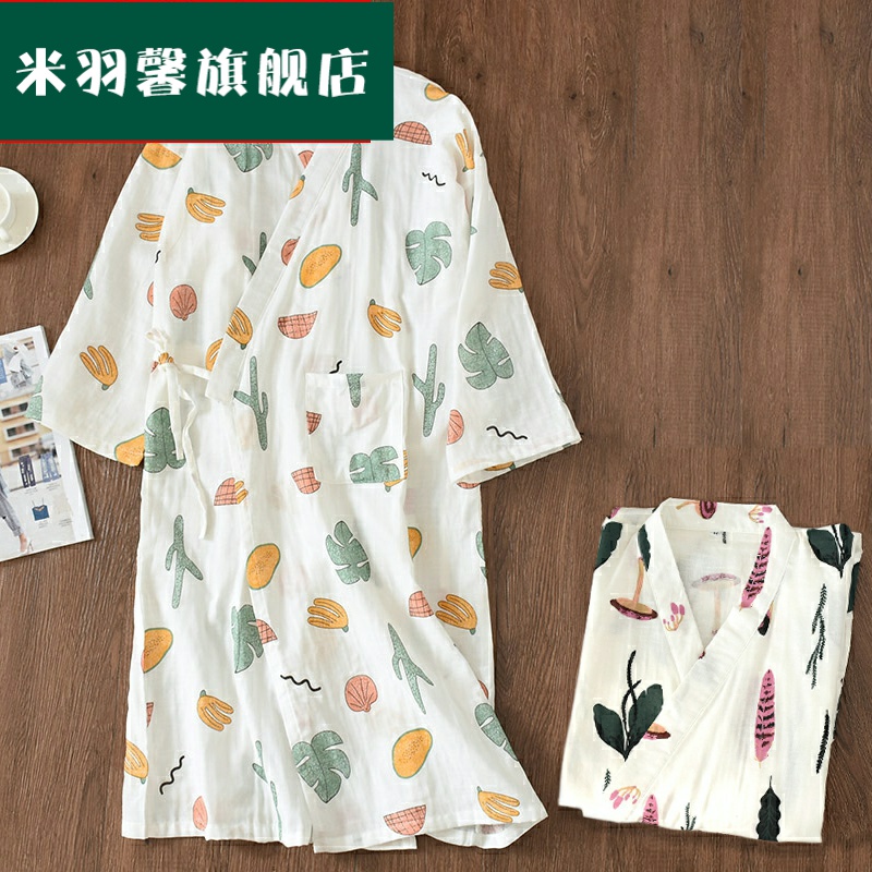 mùa xuân và mùa hè Nhật Bản bông mỏng dệt gạc áo cardigan dài ngủ váy cotton hai lớp kimono yukata đổ mồ hôi hấp phù hợp.