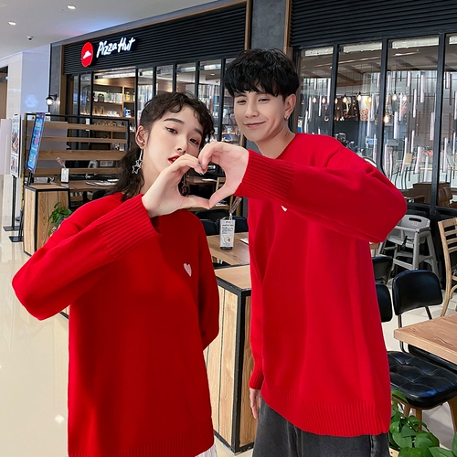 Осенняя демисезонная брендовая парная одежда для влюбленных, красный небольшой дизайнерский трикотажный свитер, оверсайз, свободный крой