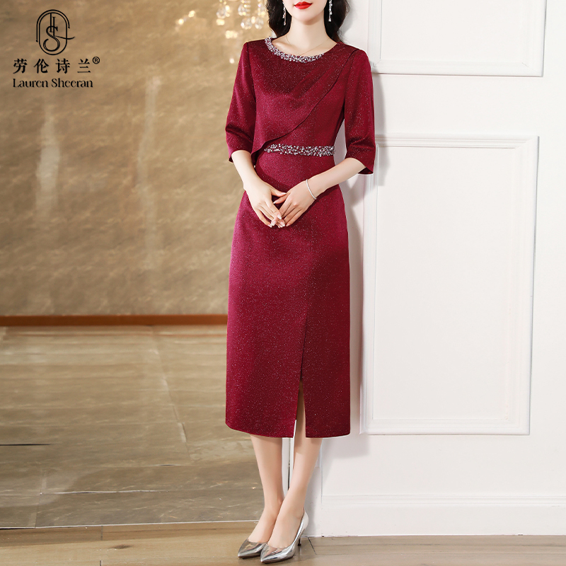Mom's Wedding Banquet Dress, French-Style High-End Luxury Fashion Acetate Silk One-Step Dress, Fashionable, Age-Reducing, Elegant and Graceful Mom's Wedding Banquet Dress, French-Style High-End Luxury Fashion Acetate Silk One-Step Dress, Fashionable, Age-Reducing, Elegant and Graceful