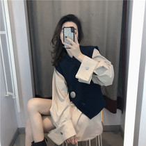 Net red Western style casual fashion suit skirt womens 2021 autumn new loose temperament shirt Hepburn wind two-piece set