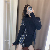 Stitching round neck dark blue sweater new 2021 burst loose lazy wind cover headline pattern long-sleeved womens sweater