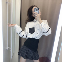College style suit skirt white shirt black plaid skirt small early autumn new style with fashion two-piece set