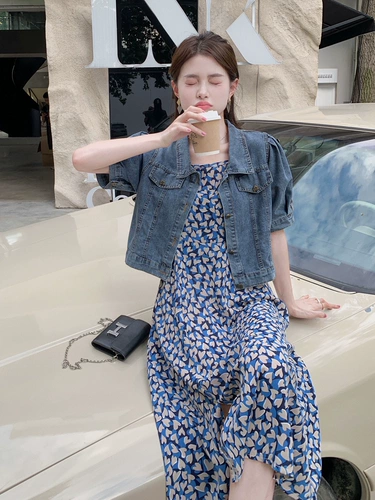 Летний тонкий комплект, юбка, джинсовая куртка, шифоновое платье-комбинация, французский стиль, короткий рукав