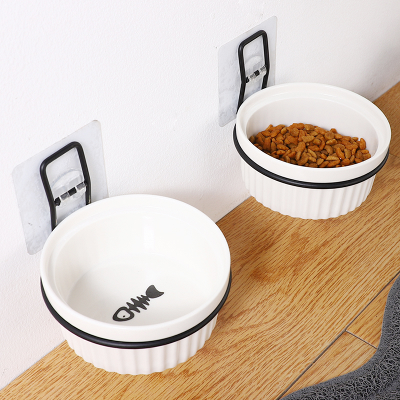 Suspended cat bowls pet kitty fixed basin rice bowls anti-uplift bowls rack ceramic high-footed bowls and bowls of drinking water bowls