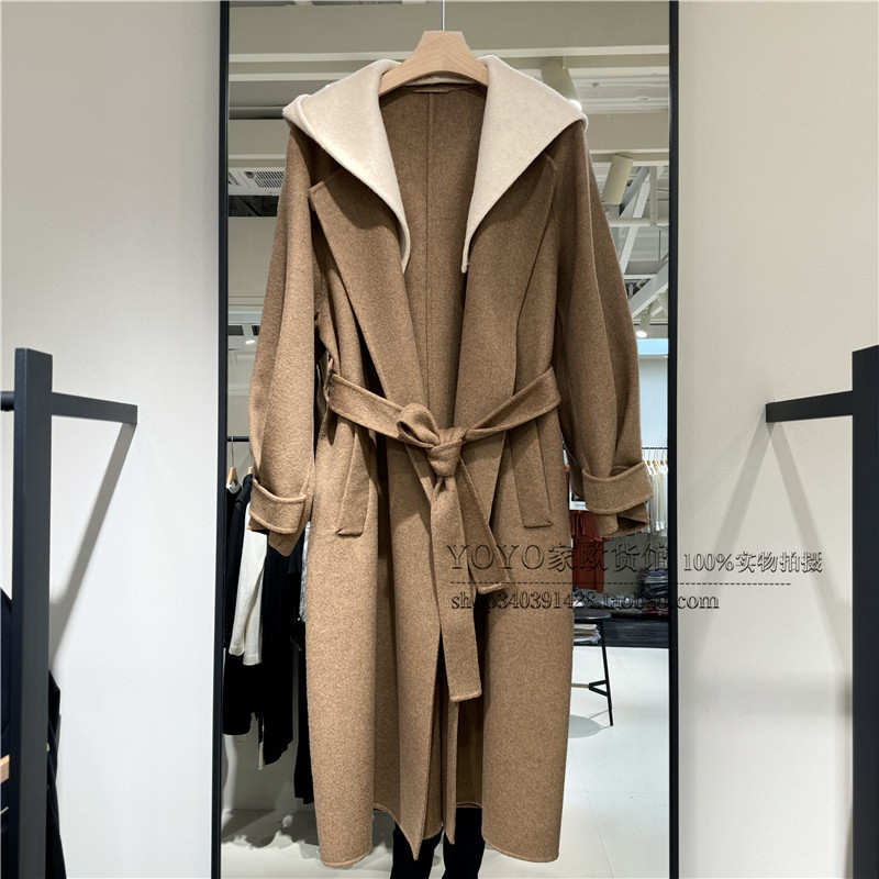 2025 Winter New Style Detachable Hooded Wool Belted Long Over-The-Knee Elegant Double-Sided Wool Coat for Women