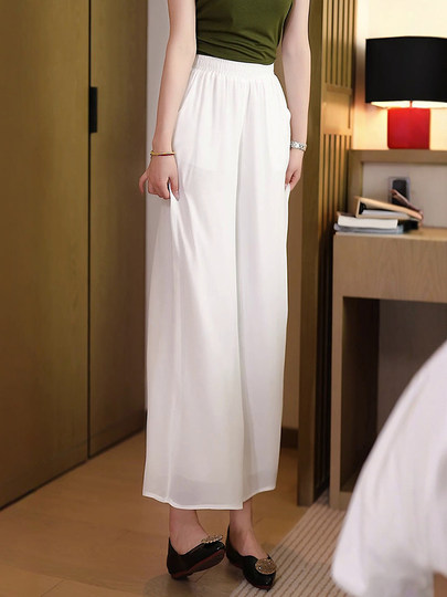 White Ice Silk Chiffon Cropped Wide-Leg Pants for Women, Loose Plus Size, Summer High-Waisted Casual Straight-Leg Pants