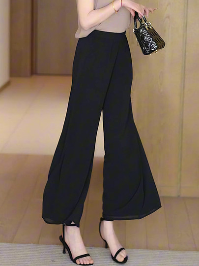 White Ice Silk Chiffon Cropped Wide-Leg Pants for Women, Loose Plus Size, Summer High-Waisted Casual Straight-Leg Pants