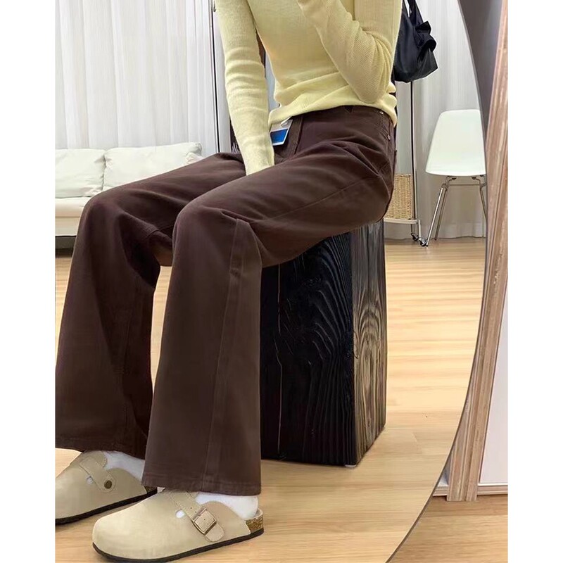 Fleece-Lined Brown Slim-Fit Wide-Leg Jeans for Women, Autumn and Winter 2025 New Style, Coffee-Colored High-Waisted Loose Straight-Leg Pants for Petite Women