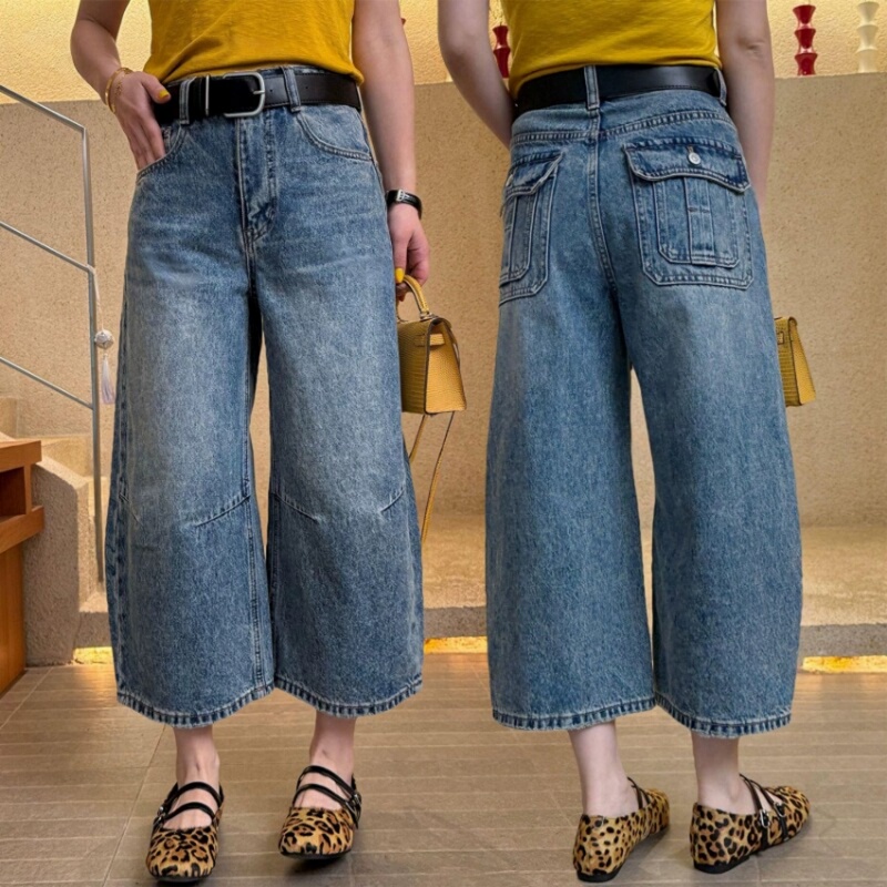 American-Style Wide-Leg Jeans for Women, Summer Thin Style, 2026 New Model, Plus-Size, Slimming, Loose-Fitting, Cropped Straight Pants
