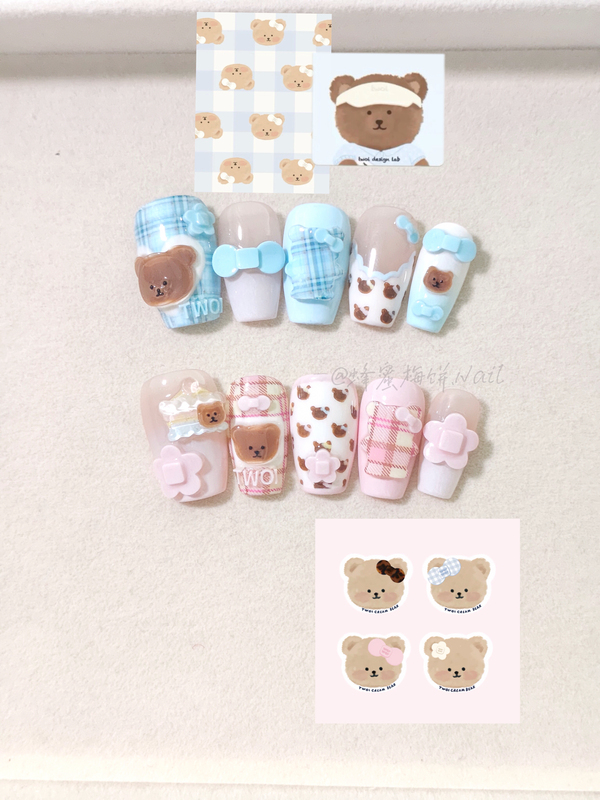 Twoi Milk Bear｜Honey Plum Cake Handmade Nail Art Design Cute and Gentle Flower Blue-Pink Bow Nail Art