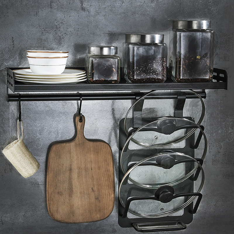 Kitchen Shelve With Fencing Soy Sauce Vinegar Seasoned Bottle Containing Layer Rack Wall-mounted Condiment Shelf Black Free Punch