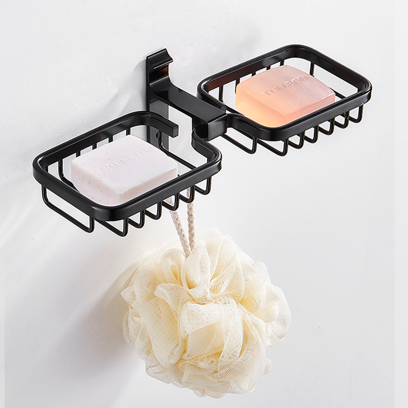 Soap Rack Free Punch Makeup Room Soap Case Wall-mounted Space Aluminum Bathroom Rack Containing shelf Black Soap Dish