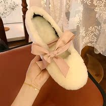 Sweater shoes female outwear net red homecare lamb fur integrated butterfly knot lace with round head flat bottom bean-bean shoes