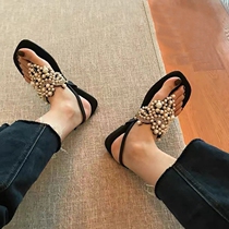 Retro style design feel full look 2022 new line of cingulum Pearl clip toe flat sandals