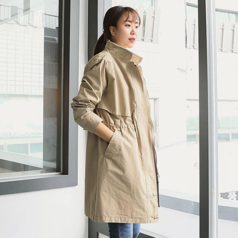 Dongdaemun của Hàn Quốc mua áo khoác mới cho nữ dây rút ở eo, áo gió cổ áo giữa mùa xuân và mùa thu - Trench Coat