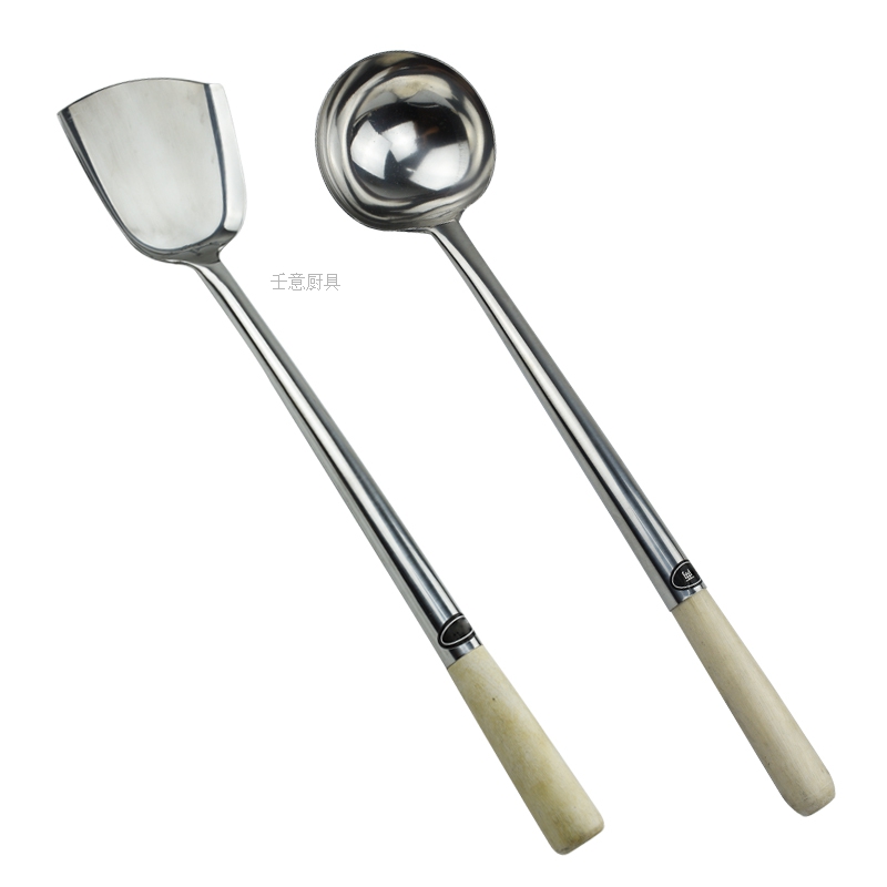 Wood handle Stainless Steel Pan Shovel Home Fried Vegetable Spade Spoon Dining Room Chef Large pan Scoop Stir Fry spoon Anti-scalding long iron frying shovel