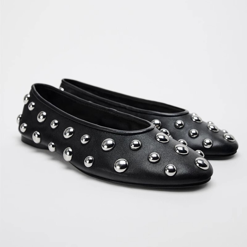 Za2025 Spring New Women's Shoes Black Studded Leather Ballet Style Flat Casual Shoes Flat Heel Round Toe Single Shoes