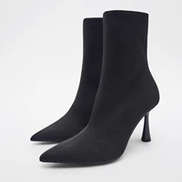 Zara, осенняя черная эластичная ткань, короткие сапоги с острым носком на каблуке-шпильке на каблуке, носки, 2023 года