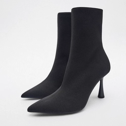 Zara, осенняя черная эластичная ткань, короткие сапоги с острым носком на каблуке-шпильке на каблуке, носки, 2023 года