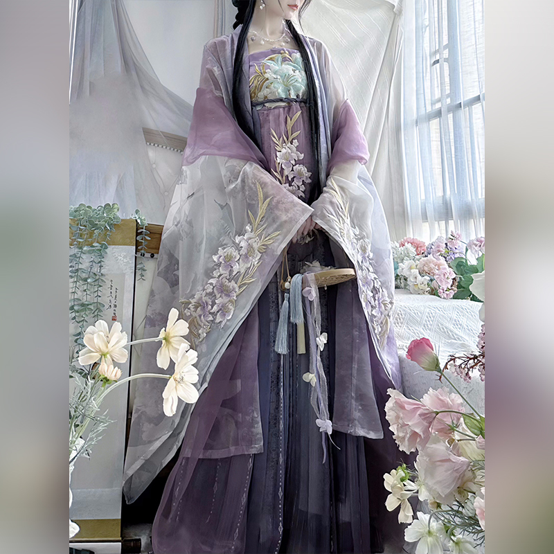 Original Hanfu Tang-Style Hezi Skirt with Large Sleeves, Chest-Length Daily Embroidered Outfit, Spring and Summer Thin Chinese Style for Commuting