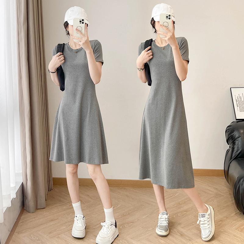 Spring and Summer Casual Dress for Women, Simple Gray Waist-Cinching Slim Fit, Tummy-Concealing, Slimming, Elegant A-Line Mid-Length T-Shirt Dress