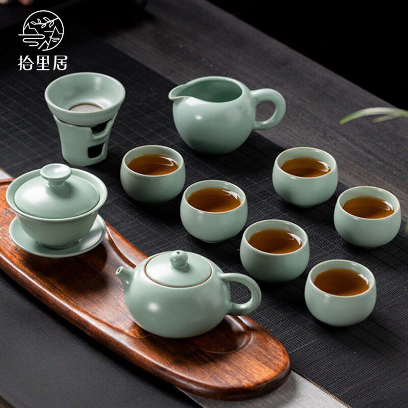 The whole set of Ru kiln Kung Fu tea set Chinese-style household living room high-grade can be opened and maintained teapot teacup gift