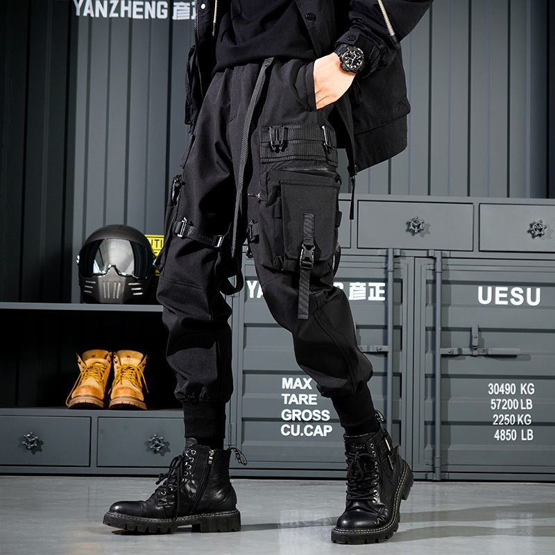 Yanzheng Men's Tactical Functional Cargo Pants Loose Harem Jogger Pants Trendy Black Versatile Casual Pants