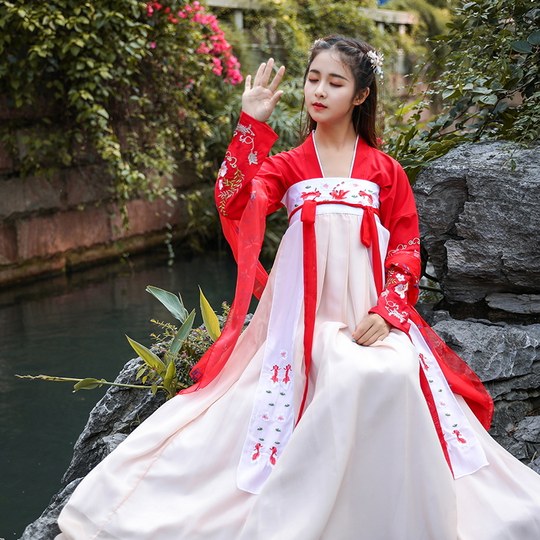 Xian Qi Han Chinese clothing Chinese wind summer women's super fairy costume complete set of elegant antiquity cabbage waist genuine student