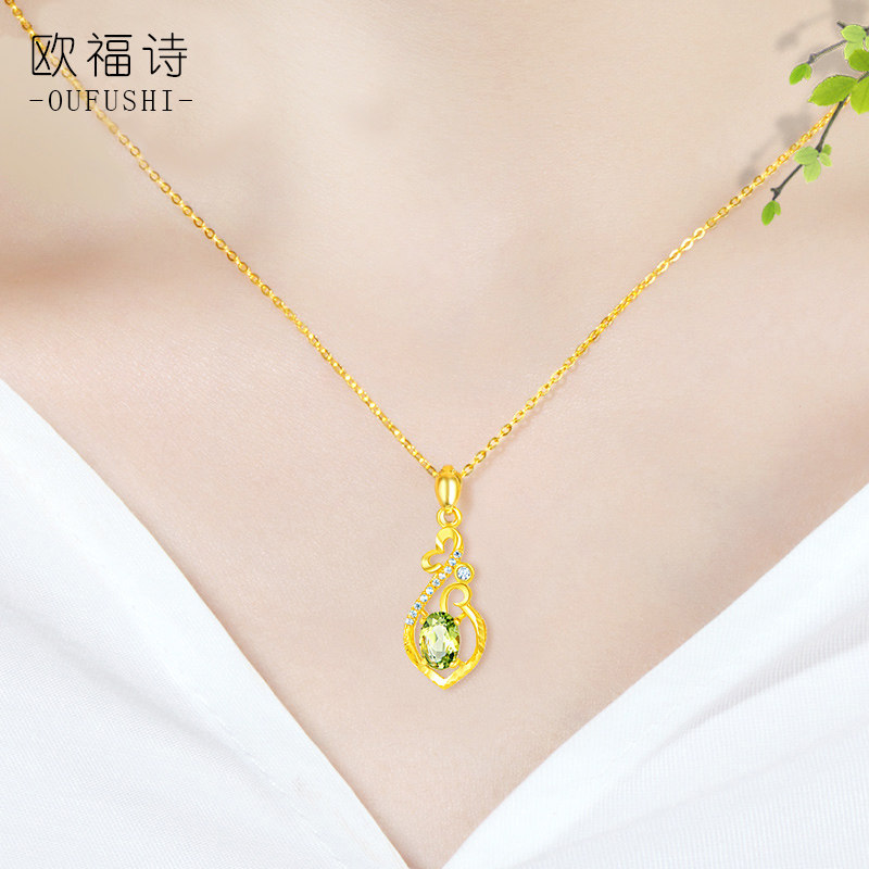 Gold necklace women's 24K pure gold set chain new 999 gold green peridot pendant for girlfriend gift