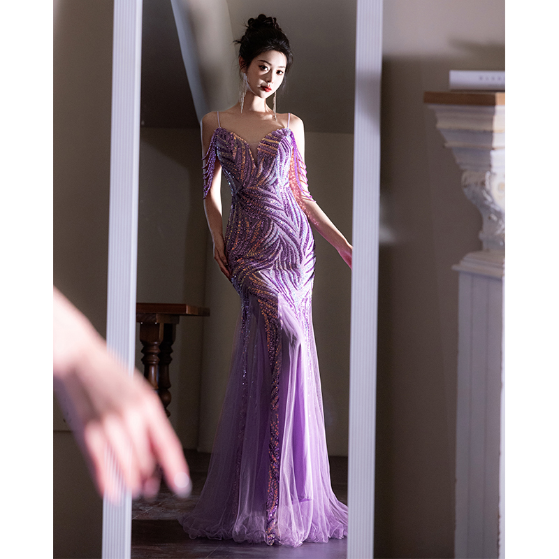 Purple Evening Dress for Women 2026 New Style High-End Sequin Banquet Elegant Host Annual Meeting High-End Light Luxury Niche