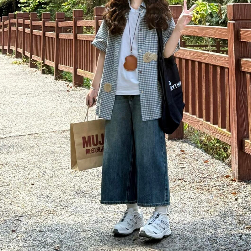 Vintage Blue Cropped Jeans for Women, Plus Size, Summer New Style, High-Waisted, Loose, Slimming, Wide-Leg Pants, Straight Mid-Length Pants Vintage Blue Cropped Jeans for Women, Plus Size, Summer New Style, High-Waisted, Loose, Slimming, Wide-Leg Pants, Straight Mid-Length Pants