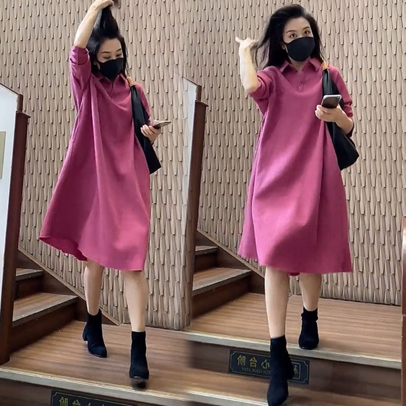 Polo Collar Long-Sleeved Dress, Spring and Autumn Korean Style, Loose and Fashionable, Large Size, Versatile, Stylish, Mid-Length Shirt Dress with Elegant Temperament