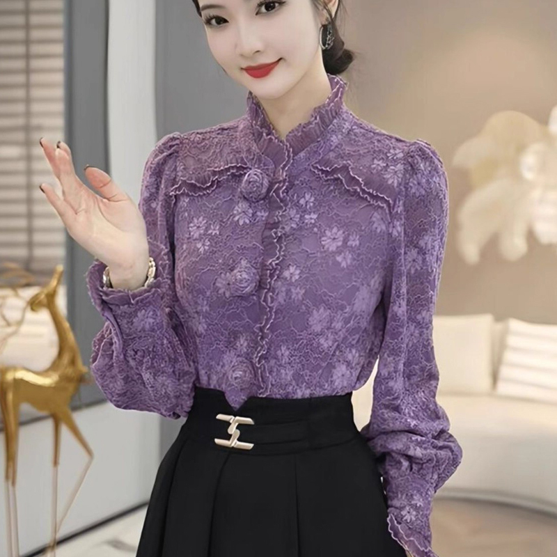 Purple Lace Shirt for Women, Spring and Autumn European Style Long-Sleeve Stand Collar Ruffled Blouse, Stylish Inner Wear with a High-End Feel