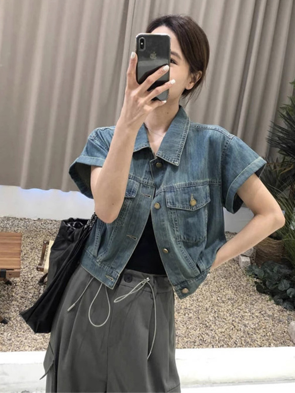 European Casual Denim Jacket for Women, New American Retro Loose Short-Sleeve Top, Short Petite Shirt for Summer