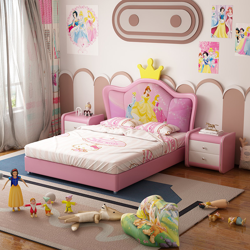 Girls children's bed mattress modern minimalist leather bed with guardrail girls solid wood bed Snow White crown cartoon bed