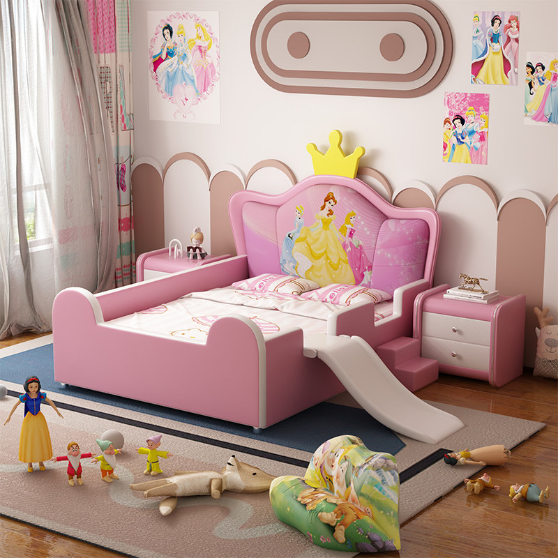 Girl children's bed modern minimalist with guardrail cartoon Snow White girl bed solid wood leather girl crown bed